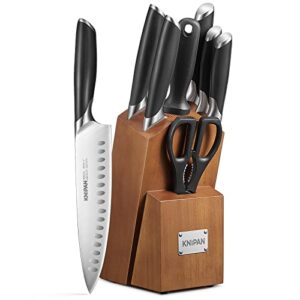 knipan knife set, 8-piece premium knife block set with high carbon german steel, 5 knives, sharpening steel, multi-purpose scissors, block of wood, ergonomic abs handle