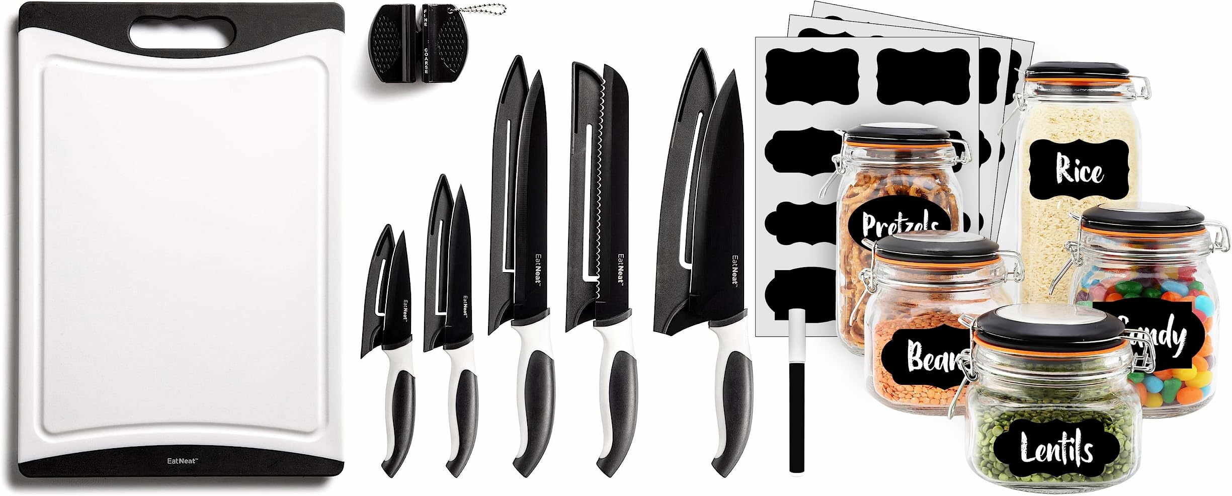 EatNeat 12 Piece Kitchen Knife Set 5 Piece Airtight Glass Kitchen Canisters with Black Lids - Includes Premium Black Labels and White Marker