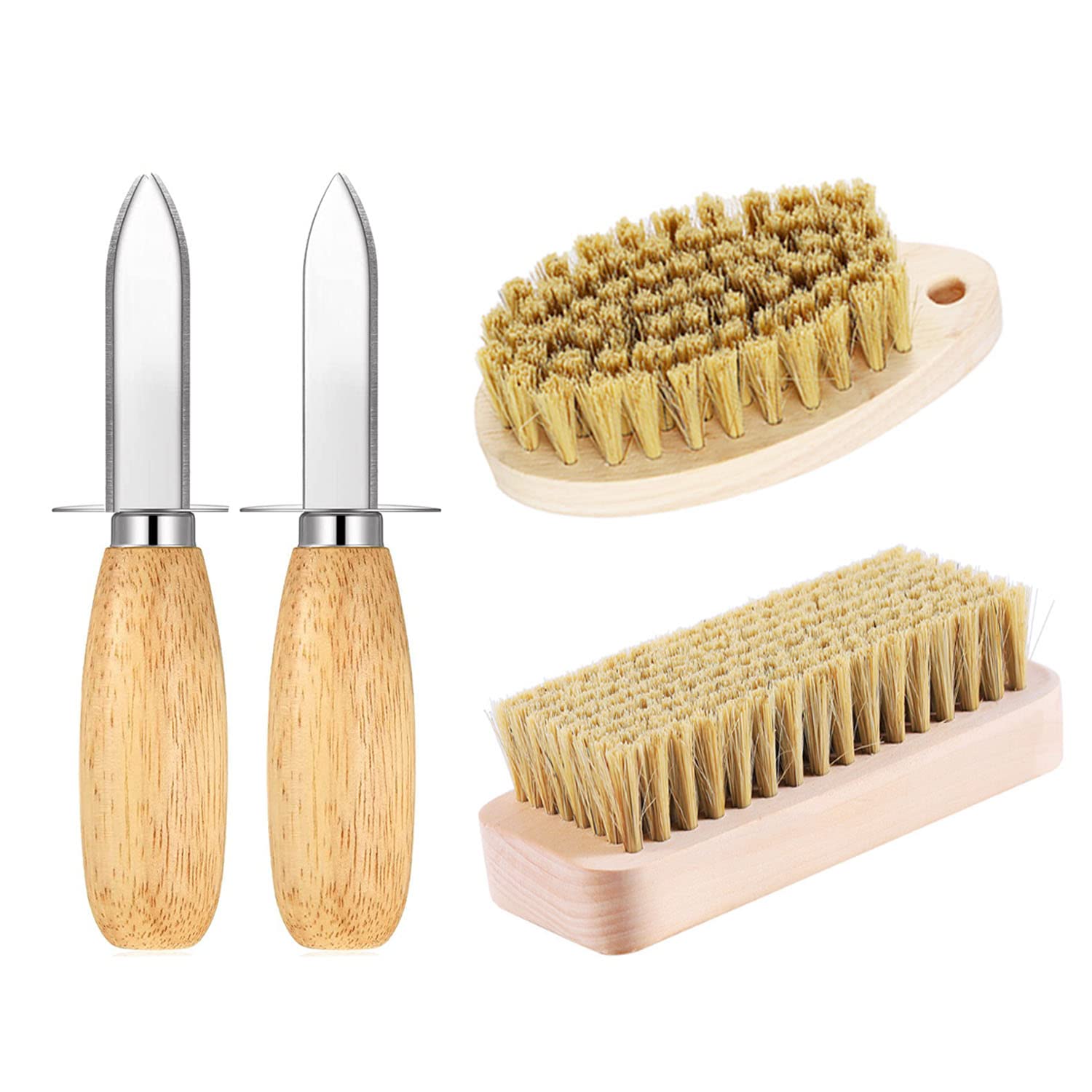 DXary Oyster Cleaning Brush Set, 2 Pieces Wood Oyster Brush with Oyster Shucking Knife Kit Natural Bristle Hair Hard Brush Suit For Kitchen Vegetable Oysters Seafood Brush Cleaning Tools (Wood)