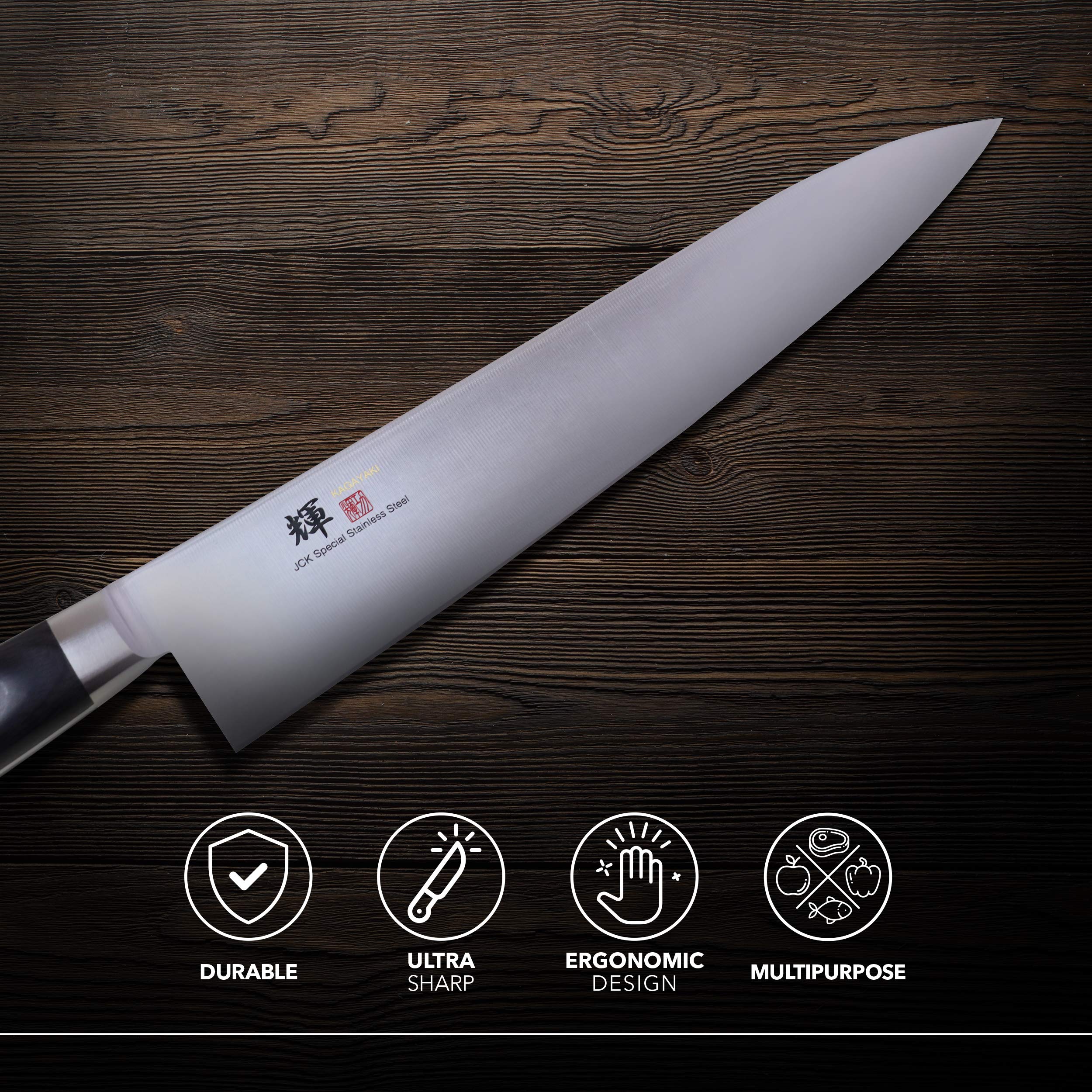 JCK ORIGINAL Kagayaki Japanese Chef’s Knife, KG-8ES Professional Gyuto Knife, VG-1 High Carbon Japanese Stainless Steel Pro Kitchen Knife with Ergonomic Pakka Wood Handle, 10.6 inch