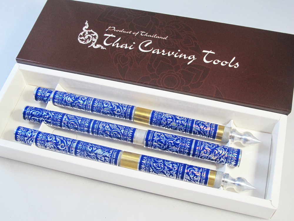 Set 3 Thai Fruit and SOAP Carving Knife Knives Brass Handmade Blue Color