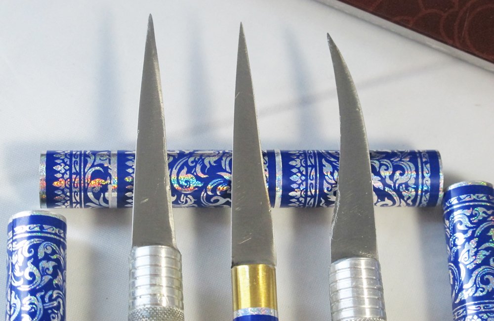 Set 3 Thai Fruit and SOAP Carving Knife Knives Brass Handmade Blue Color