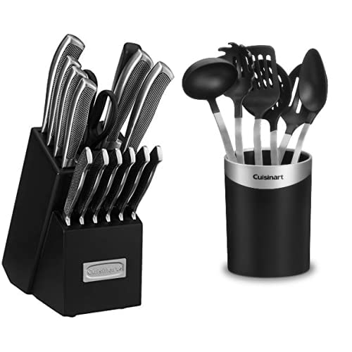 15 Piece Kitchen Knife Set with Block by Cuisinart, Cutlery Set, Graphix Collection, Stainless Steel, C77SS-15P & CTG-00-BCR7 Barrel Crock with Tools, Set of 7