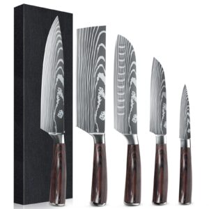kepeak kitchen knife set 5 piece, chef knife santoku cleaver paring knives high carbon steel, pakkawood handle for vegetable meat fruit