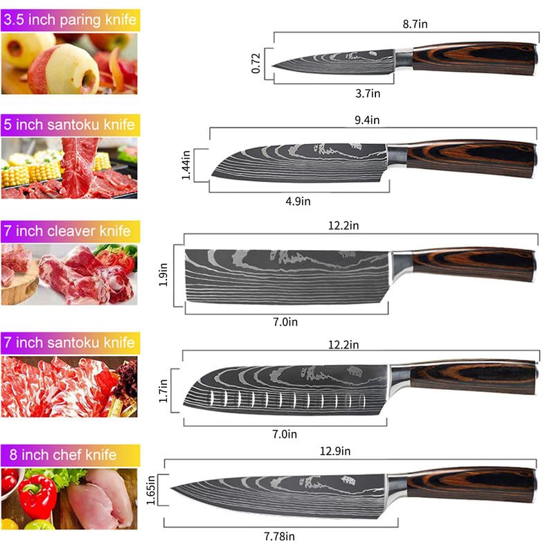 KEPEAK Kitchen Knife Set 5 piece, Chef Knife Santoku Cleaver Paring Knives High Carbon Steel, Pakkawood Handle for Vegetable Meat Fruit