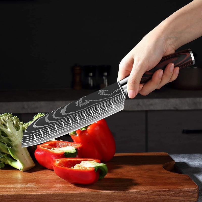 KEPEAK Kitchen Knife Set 5 piece, Chef Knife Santoku Cleaver Paring Knives High Carbon Steel, Pakkawood Handle for Vegetable Meat Fruit