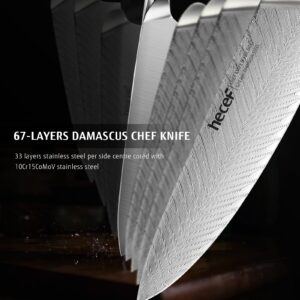 hecef 8 Inch Damascus Steel Chef Knife, Ultra Sharp Professional Kitchen Knife with High Carbon 67 Layers Stainless Steel Ladder Pattern Blade