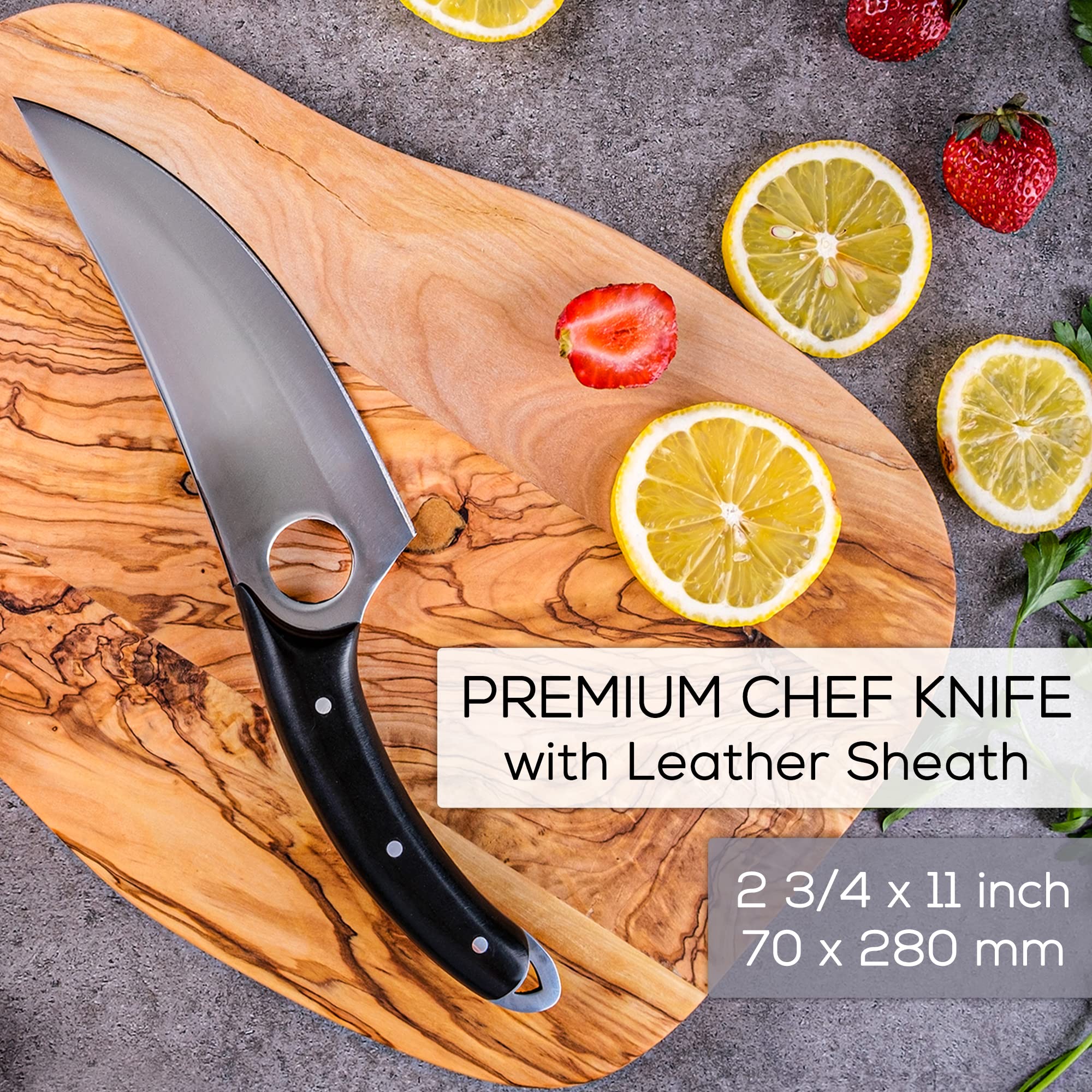Crystalia Chefs Knife, Handmade Butcher Cleaver Knife for Meat Cutting, Hand Forged Boning Knife with Sheath, Caveman Style Viking Knives for Kitchen, BBQ, Camping, or Outdoor, 11 inches
