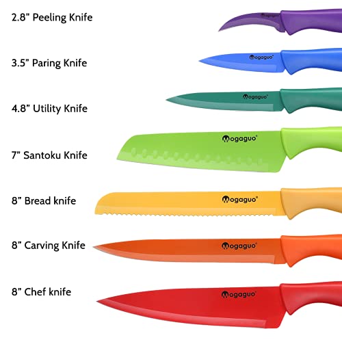 Mogaguo 14 Piece Rainbow Professional kitchen knife Set, Sharp Knife Set for Cutting Meat, Kitchen Knife Set with Sheath Covers, 7 knives and 7 knife covers