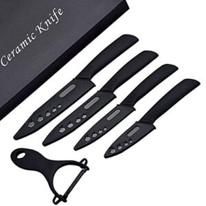 ceramic knife set, 5 pieces professional chef knives with sheaths, including ceramic knives of 6"/5"/4"/3" 4 different sizes and 1 vegetable peeler