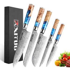 xt xituo damascus steel knife - 5 piece set - tsunami collection - 67-layer japanese vg10 steel core - unique blue resin wood handle - gift box - w/knife sheath