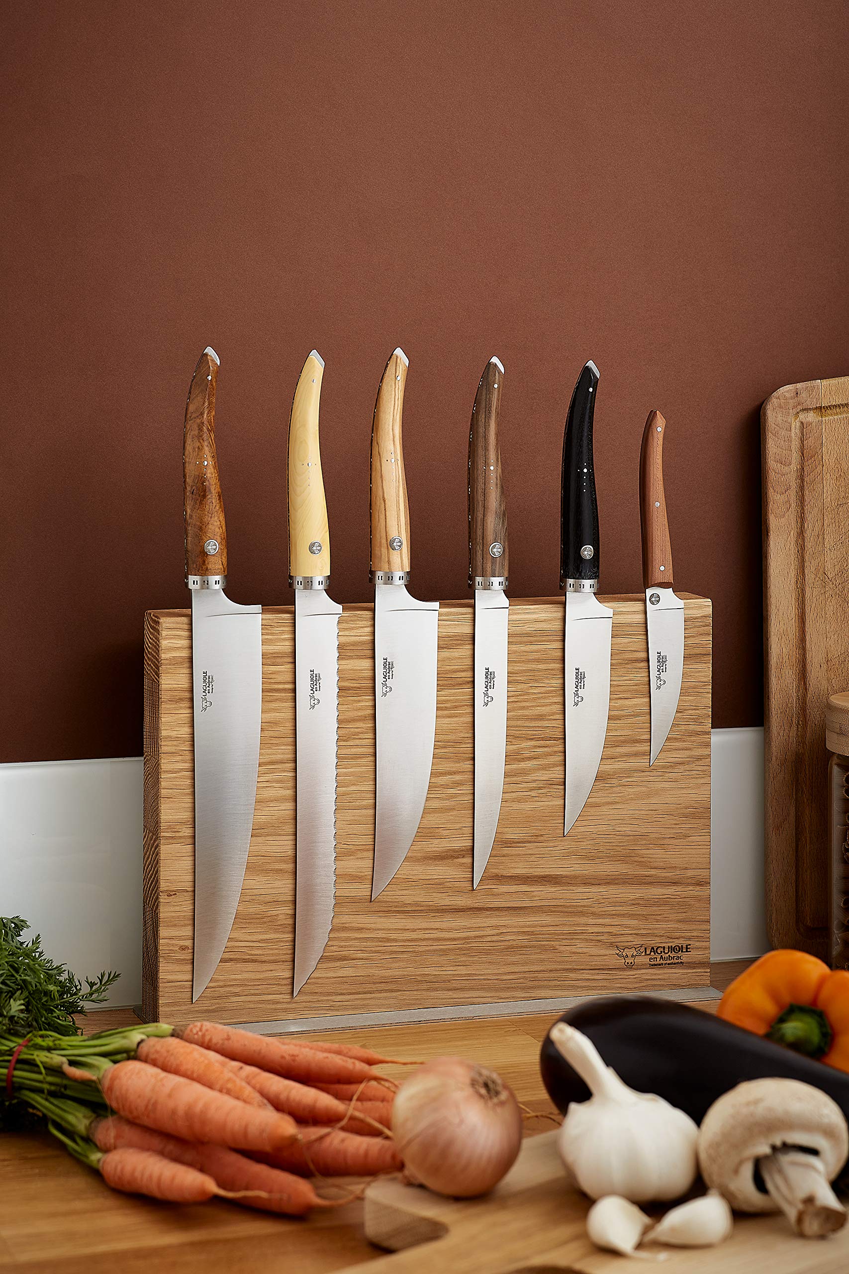 Laguiole en Aubrac Cuisine Gourmet Stainless Fully Forged Steel Made In France Complete 7 Piece Premium Kitchen Knife Magnetic Block Set With Mixed Wood Handles