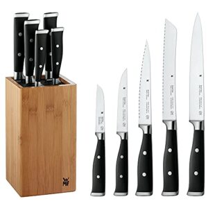 wmf knife block with 6 pieces grand class performance cut double serrated blade made in germany forged special blade steel - stainless steel rivets plastic handles knife block of bamboo