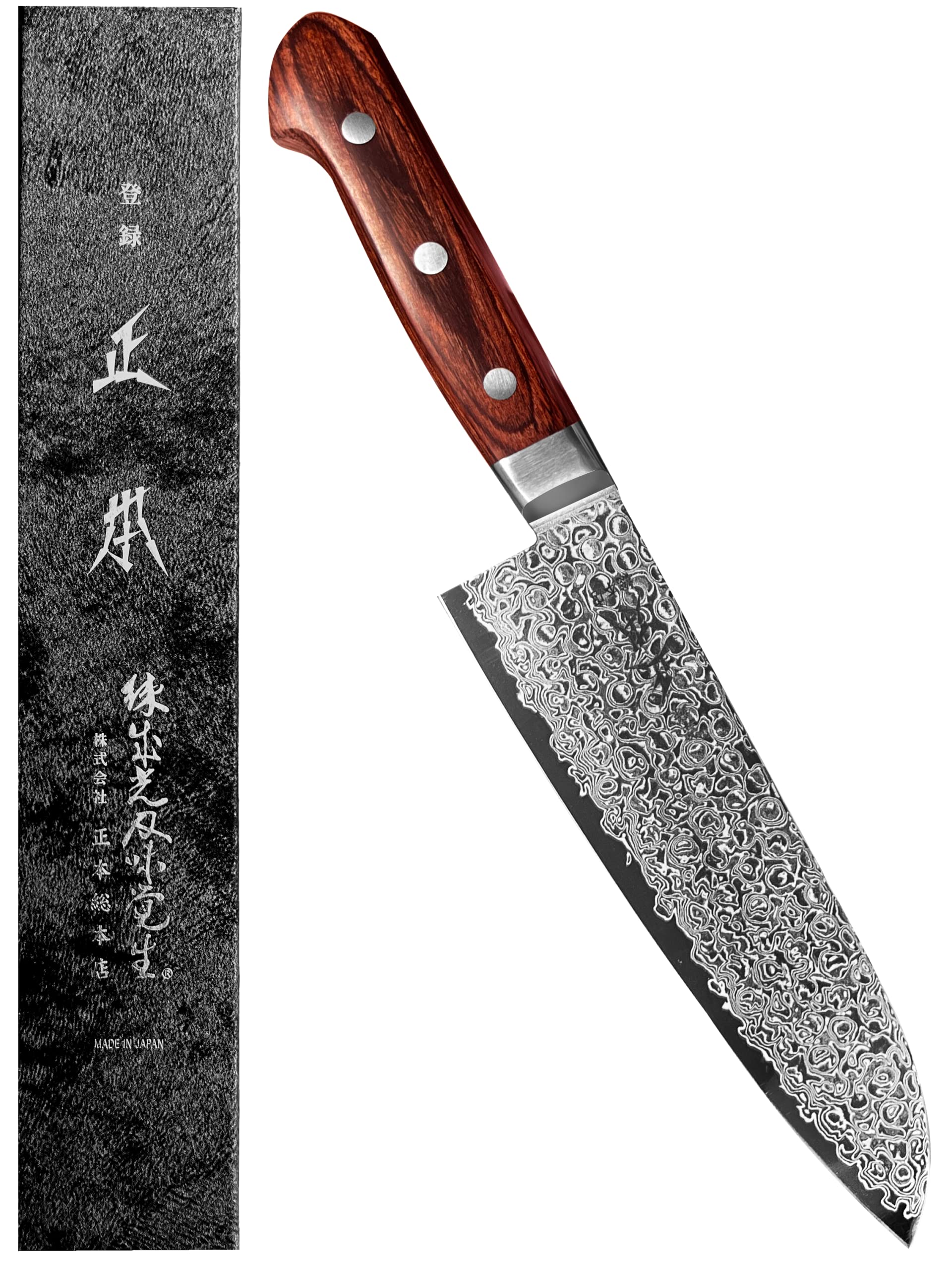 MASAMOTO ZA Japanese Santoku Knife 7" Professional Damascus Bunka Knife, ZA-18 Clad 69 Layers Japanese Stainless Steel Blade, Mahogany Pakkawood Handle, Made in JAPAN -Tokyo Exclusive Edition-