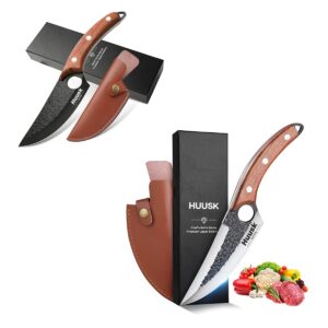 huusk upgraded chef knives brown bundle with black kitchen camping cooking knife with leather sheath and gift box