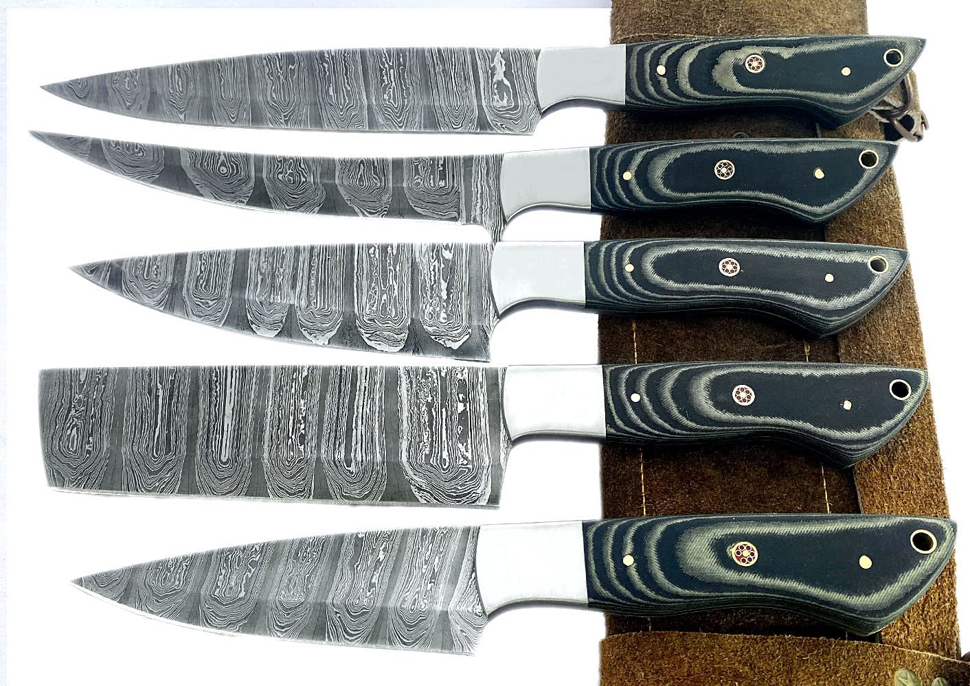 Professional Kitchen Knives Custom Made Damascus Steel 5 pcs of Professional Utility Chef Kitchen Knife Set with Chopper / Cleaver with Pocket Case Chef Knife Roll Bag - BW-4160