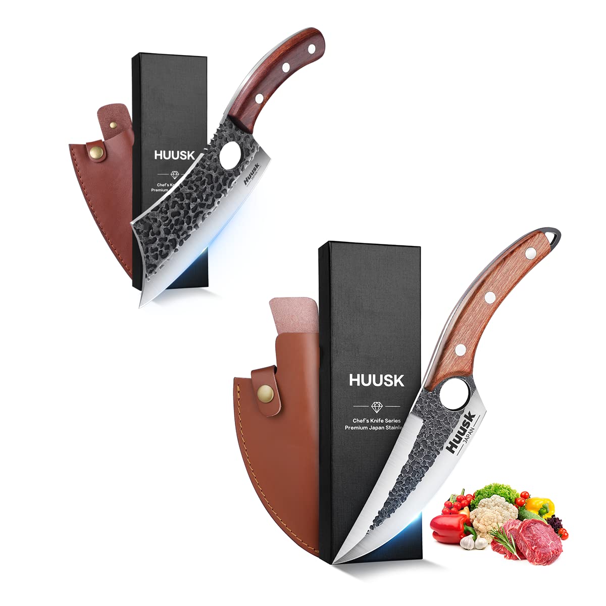 Huusk Upgraded 5.51 Inch Chef Knives Bundle with Outdoor Camping Cooking Kitchen Knife with Leather Sheath and Gift Box