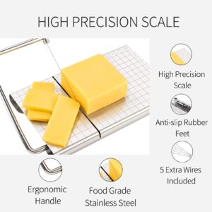 JONINGER Cheese Slicer, Stainless Steel Cheese Cutter with Scales Cheese-Slicer Board with 5 Replacement Wires