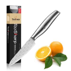 toosharp paring knife, kitchen knife 3 inch forged with german stainless steel, full tang ergonomic handle, super sharp to hold an edge, for paring, chopping, slicing fruits vegetables, silver