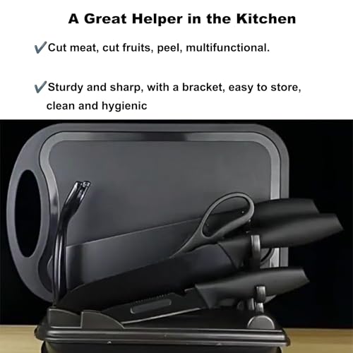 Knife Sets, 7 Pieces Black Kitchen Knife Set with Stainless Steel Kitchen Knife, Melon Planer, Holder, Chopping Board/Professional Kitchen Chef Knives Set for Hotel, Family