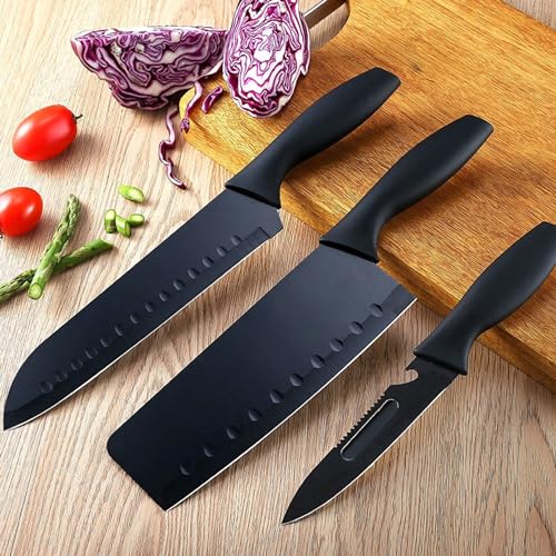 Knife Sets, 7 Pieces Black Kitchen Knife Set with Stainless Steel Kitchen Knife, Melon Planer, Holder, Chopping Board/Professional Kitchen Chef Knives Set for Hotel, Family