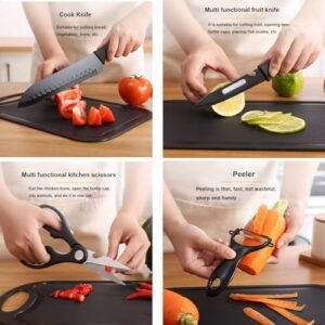 Knife Sets, 7 Pieces Black Kitchen Knife Set with Stainless Steel Kitchen Knife, Melon Planer, Holder, Chopping Board/Professional Kitchen Chef Knives Set for Hotel, Family