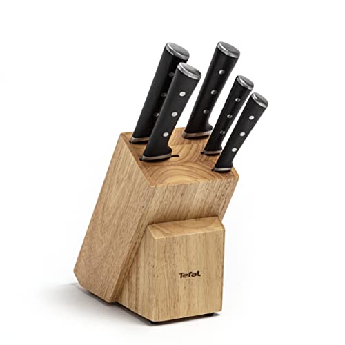 Tefal Ice Force K232S574 Wooden Block with 5 Slots and 5 Knives: Bread Knife 20 cm / Chef Knife 20 cm / Santoku Knife 18 cm / Paring Knife 11 cm / Carving Knife 9 cm