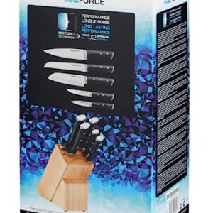 Tefal Ice Force K232S574 Wooden Block with 5 Slots and 5 Knives: Bread Knife 20 cm / Chef Knife 20 cm / Santoku Knife 18 cm / Paring Knife 11 cm / Carving Knife 9 cm