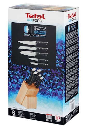 Tefal Ice Force K232S574 Wooden Block with 5 Slots and 5 Knives: Bread Knife 20 cm / Chef Knife 20 cm / Santoku Knife 18 cm / Paring Knife 11 cm / Carving Knife 9 cm