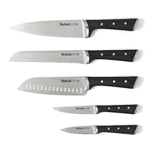 Tefal Ice Force K232S574 Wooden Block with 5 Slots and 5 Knives: Bread Knife 20 cm / Chef Knife 20 cm / Santoku Knife 18 cm / Paring Knife 11 cm / Carving Knife 9 cm