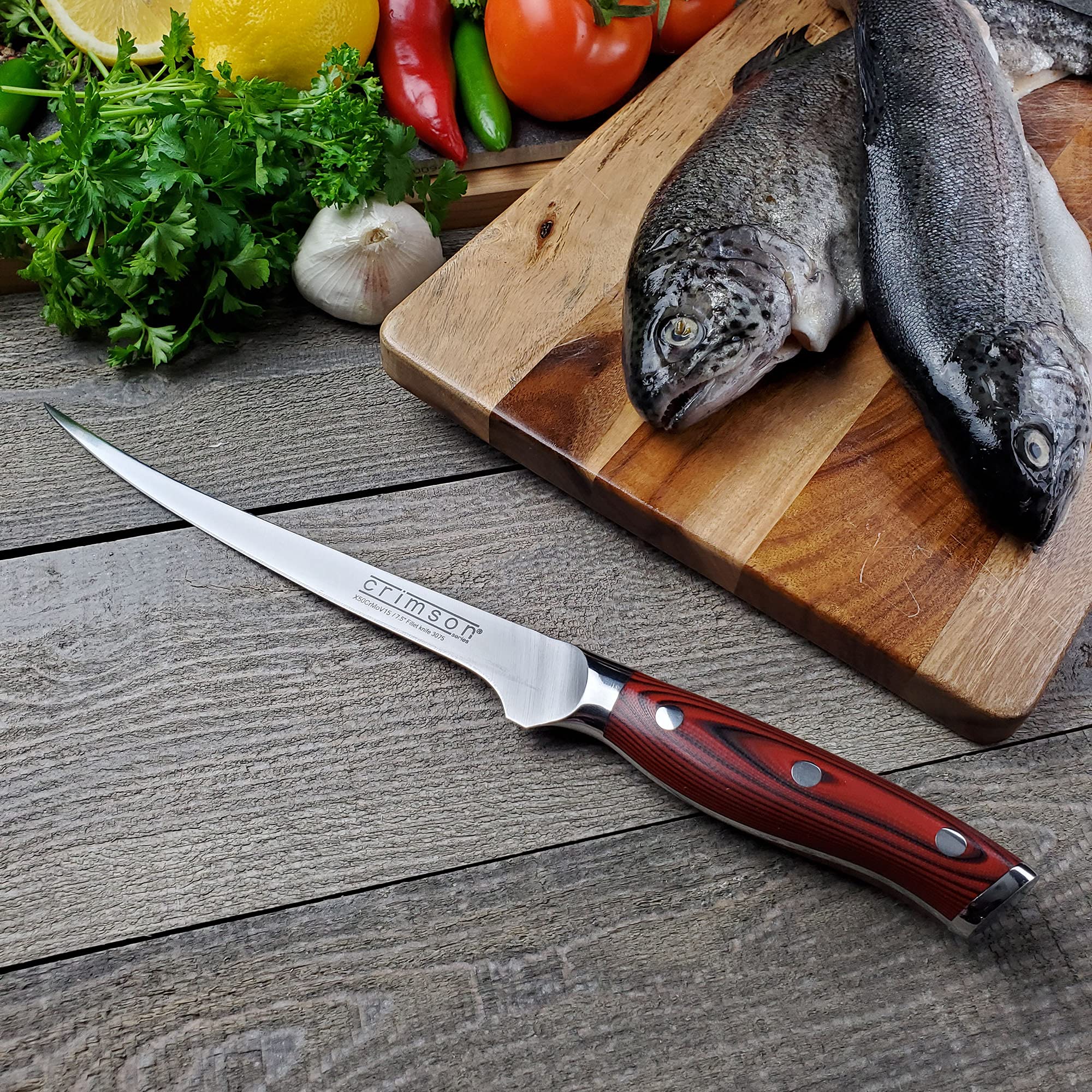 Ergo Chef Crimson Series 7.5" Flexible Fillet Knife – Forged High Carbon X50CrMoV15 German Stainless Steel - G10 Handle