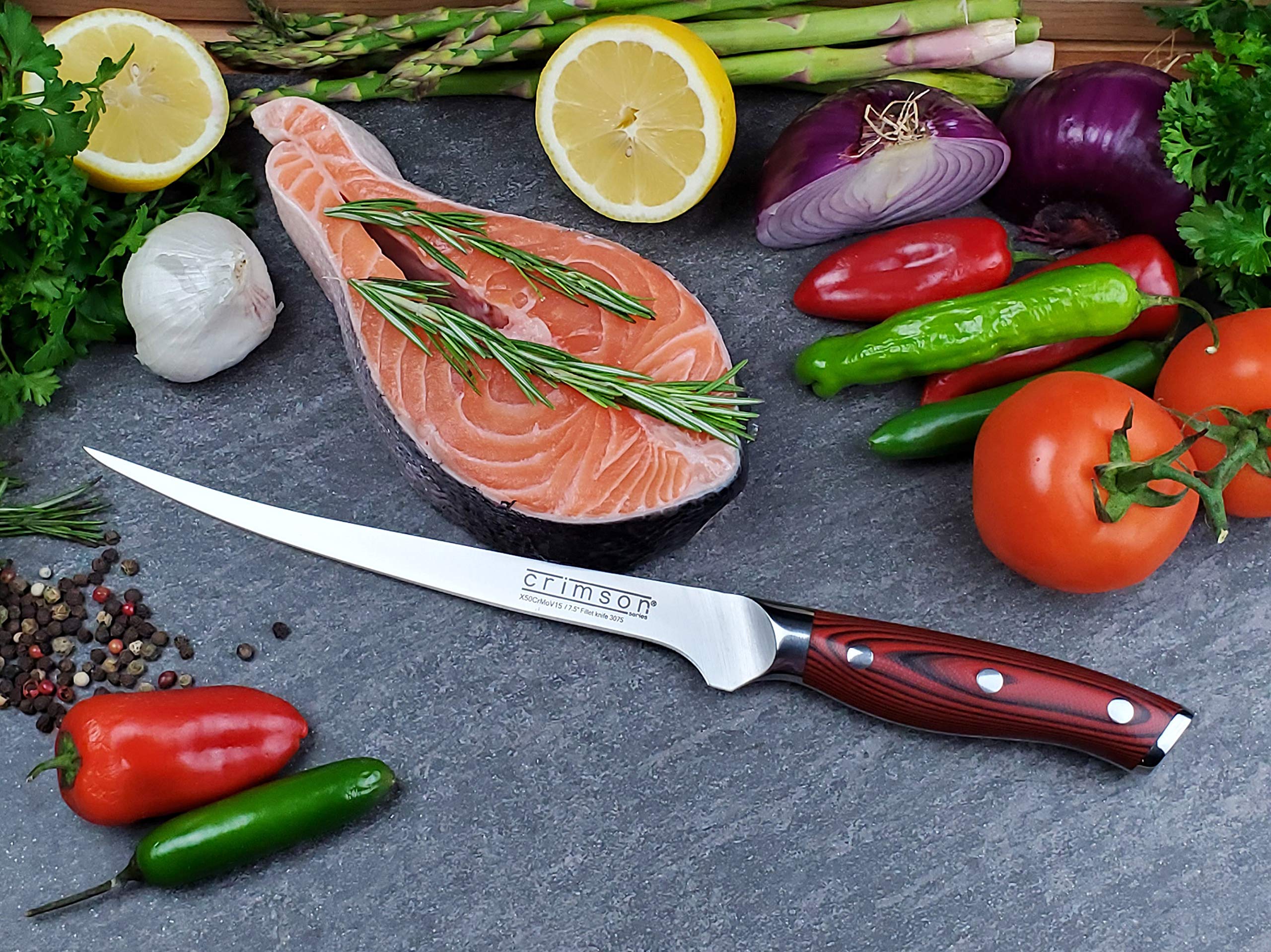 Ergo Chef Crimson Series 7.5" Flexible Fillet Knife – Forged High Carbon X50CrMoV15 German Stainless Steel - G10 Handle