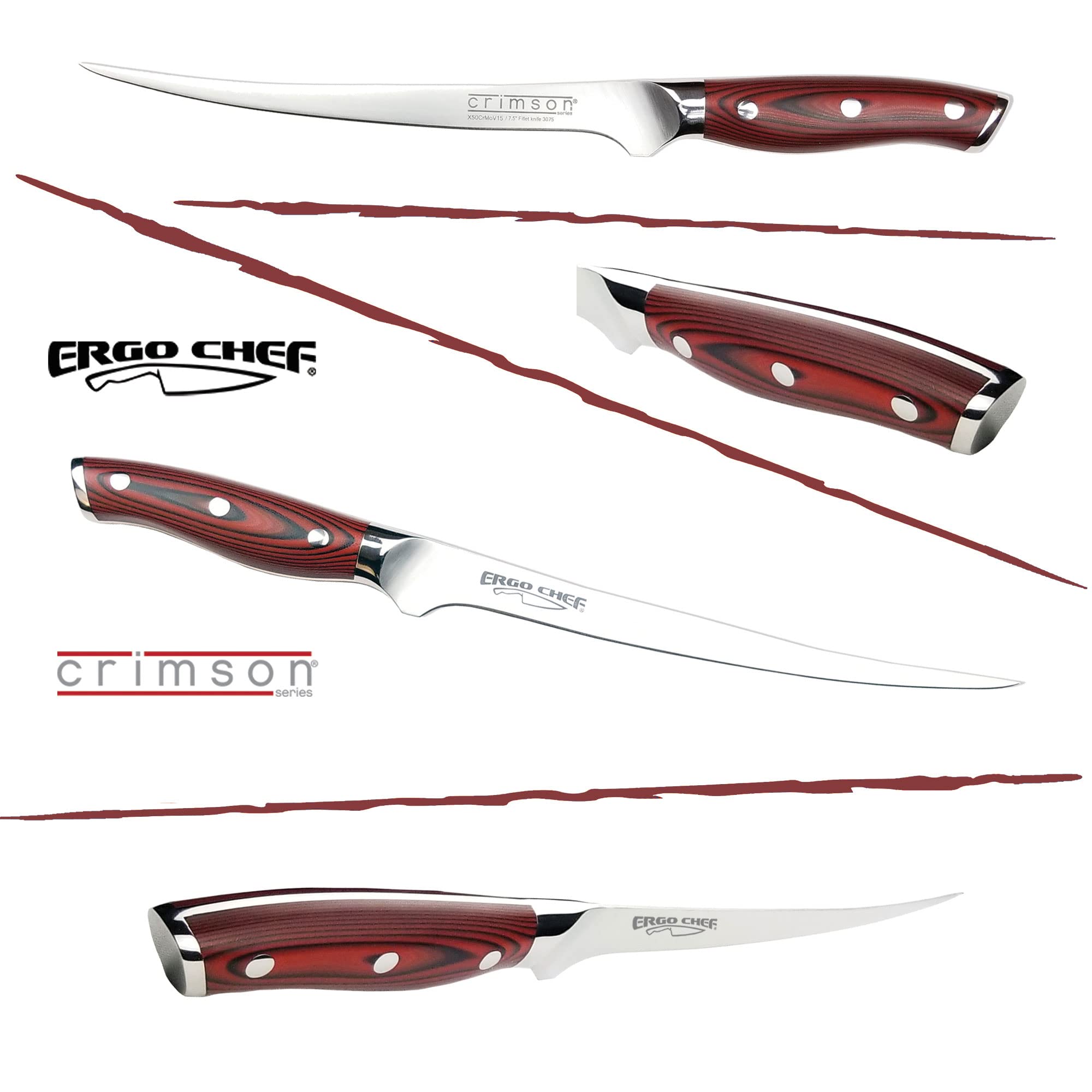 Ergo Chef Crimson Series 7.5" Flexible Fillet Knife – Forged High Carbon X50CrMoV15 German Stainless Steel - G10 Handle