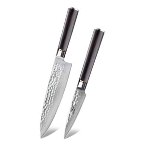 shirkhan japanese damascus kitchen knives 2 pcs set - chef & paring knife - 67 layers - high carbon 10cr15comov ultra sharp hand hammered steel blade - ergonomic ebony wood handle