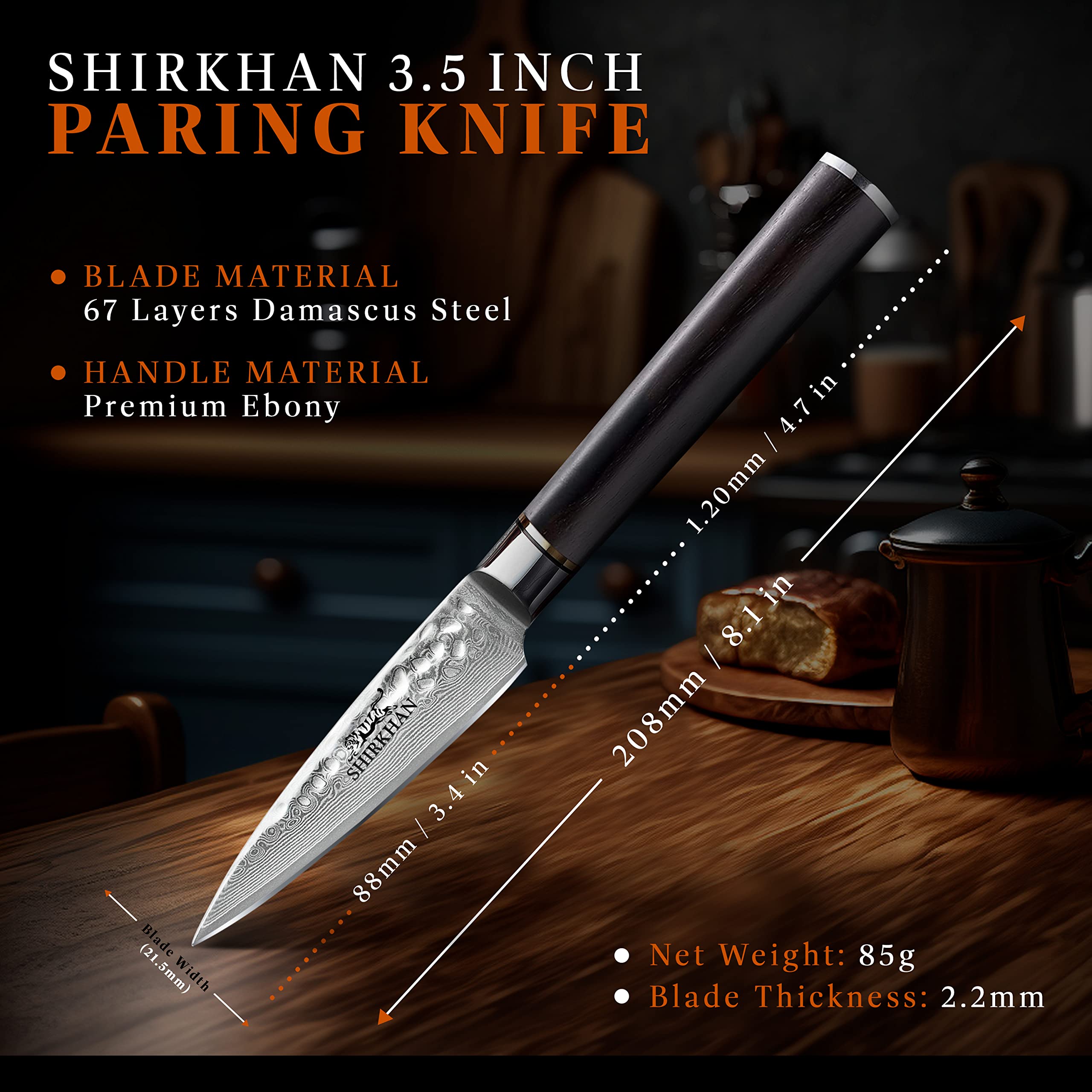 SHIRKHAN Japanese Damascus Kitchen Knives 2 pcs Set - Chef & Paring Knife - 67 Layers - High Carbon 10Cr15CoMoV Ultra Sharp Hand Hammered Steel Blade - Ergonomic Ebony Wood Handle