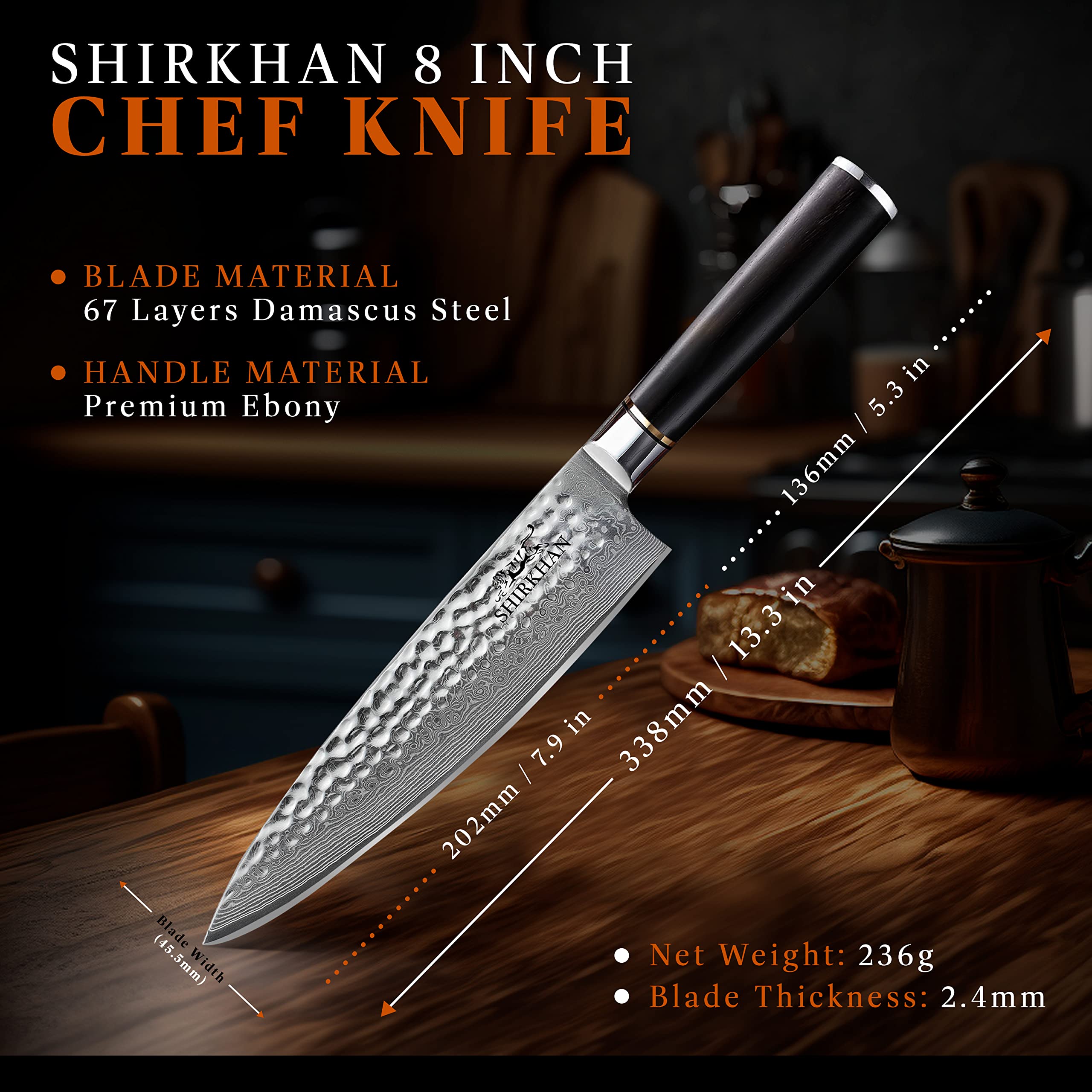 SHIRKHAN Japanese Damascus Kitchen Knives 2 pcs Set - Chef & Paring Knife - 67 Layers - High Carbon 10Cr15CoMoV Ultra Sharp Hand Hammered Steel Blade - Ergonomic Ebony Wood Handle