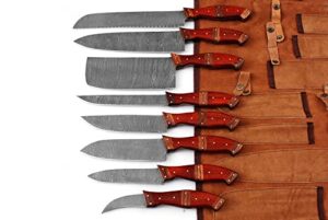 custom handmade damascus steel blade kitchen chef knife set 8pcs damascus knife set with leather case roll bag- professional demasticus butcher bbq knives for men and women 1007 rd