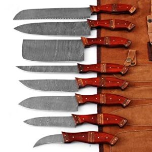 Custom Handmade Damascus Steel Blade Kitchen Chef Knife Set 8pcs Damascus Knife Set With Leather Case Roll Bag- Professional Demasticus Butcher BBQ Knives for Men and Women 1007 rd