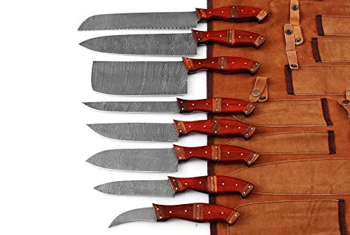 Custom Handmade Damascus Steel Blade Kitchen Chef Knife Set 8pcs Damascus Knife Set With Leather Case Roll Bag- Professional Demasticus Butcher BBQ Knives for Men and Women 1007 rd