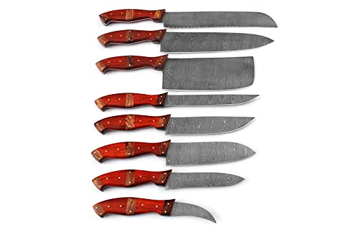 Custom Handmade Damascus Steel Blade Kitchen Chef Knife Set 8pcs Damascus Knife Set With Leather Case Roll Bag- Professional Demasticus Butcher BBQ Knives for Men and Women 1007 rd