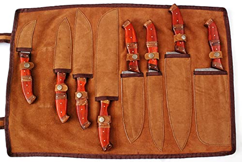 Custom Handmade Damascus Steel Blade Kitchen Chef Knife Set 8pcs Damascus Knife Set With Leather Case Roll Bag- Professional Demasticus Butcher BBQ Knives for Men and Women 1007 rd