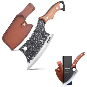 huusk collectible knives bundle chef knife & carved meat cleaver knife hand forged butcher knife with leather sheath and gift box