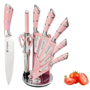 yf-tow knife block set, kitchen knife set with stand, 9 pcs pink sharp stainless steel knife set with chef knife,bread knife,carving knife,scissors and knife sharpener (pink)