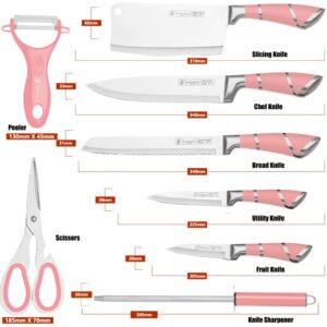 YF-TOW Knife Block Set, Kitchen Knife Set with Stand, 9 PCS Pink Sharp Stainless Steel Knife Set with Chef Knife,Bread Knife,Carving Knife,Scissors and Knife Sharpener (Pink)