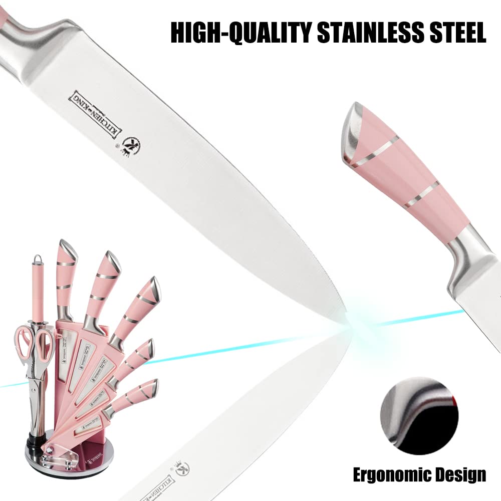 YF-TOW Knife Block Set, Kitchen Knife Set with Stand, 9 PCS Pink Sharp Stainless Steel Knife Set with Chef Knife,Bread Knife,Carving Knife,Scissors and Knife Sharpener (Pink)