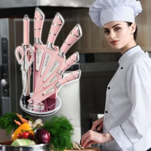 YF-TOW Knife Block Set, Kitchen Knife Set with Stand, 9 PCS Pink Sharp Stainless Steel Knife Set with Chef Knife,Bread Knife,Carving Knife,Scissors and Knife Sharpener (Pink)
