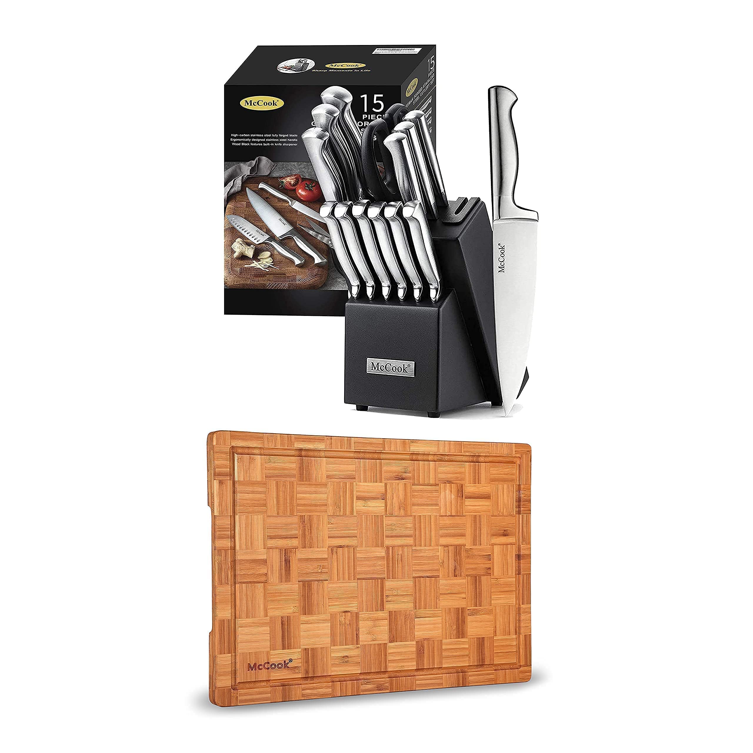 McCook MC21 German Stainless Steel Knife Block Sets with Built-in Sharpener + MCW12 Bamboo Cutting Board(Large, 17”x12”x1”)