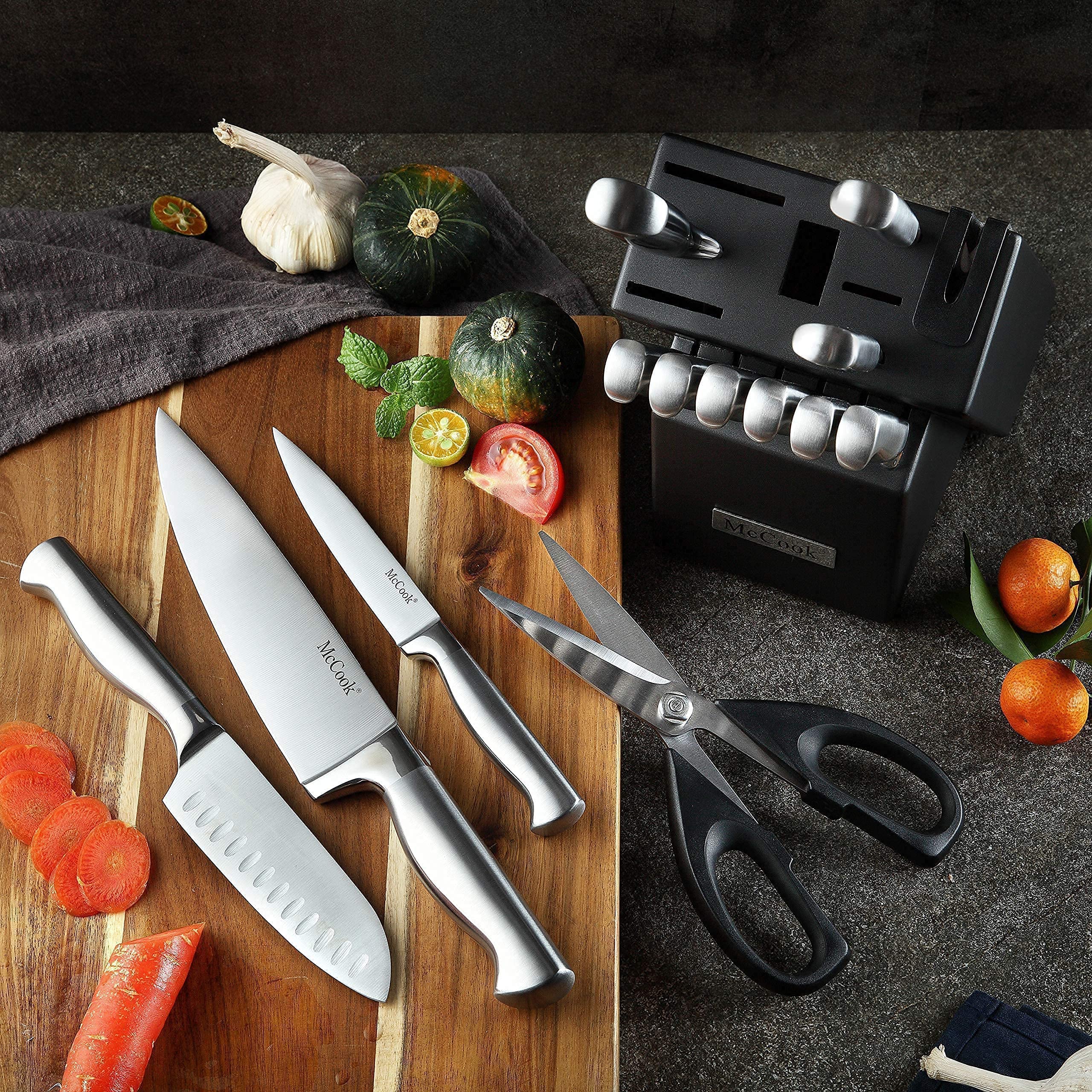 McCook MC21 German Stainless Steel Knife Block Sets with Built-in Sharpener + MCW12 Bamboo Cutting Board(Large, 17”x12”x1”)