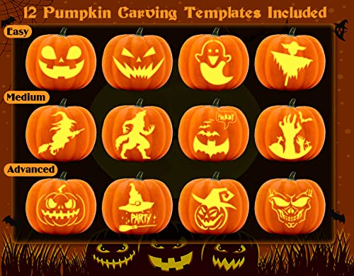 NESSTU Halloween Pumpkin Carving Kit Tools 23 PCS Heavy Duty Stainless Steel Pumpkin Carver Set with Stencils Candles, Lengthening and Thickening Simple & Safe Carving Tools for Kids & Adults