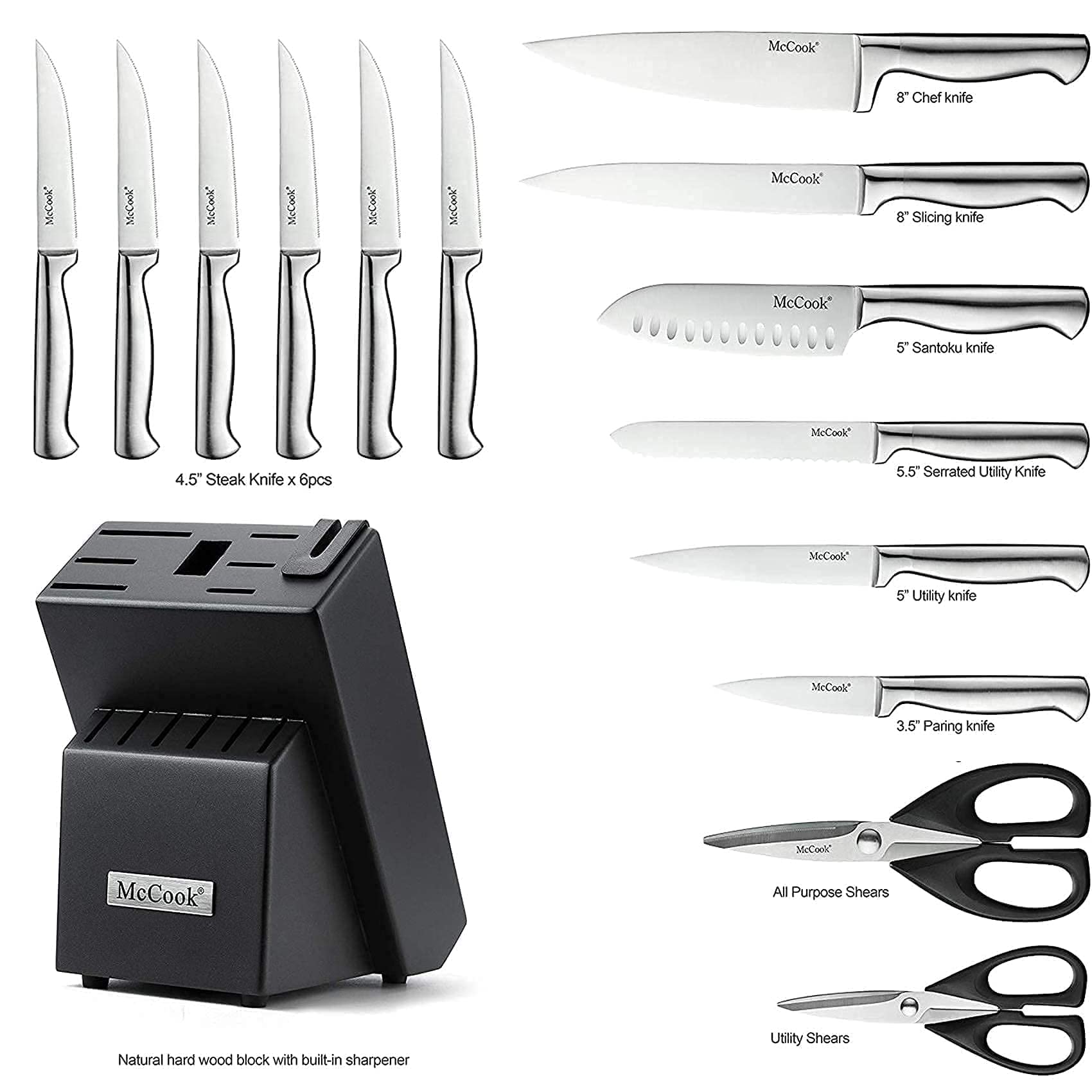 McCook MC21 German Stainless Steel Knife Block Sets with Built-in Sharpener + MCW12 Bamboo Cutting Board(Large, 17”x12”x1”)